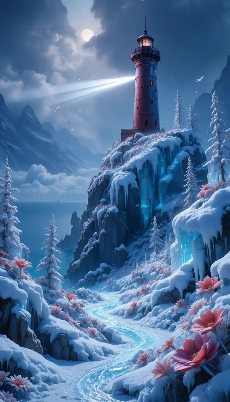 Phare de glace au-dessus d’un paysage côtier fantastique glacé
