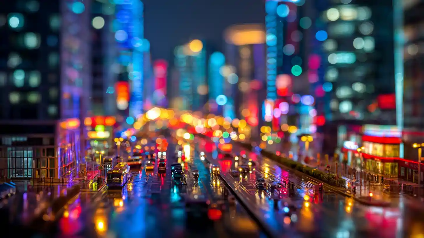 Tilt shift view of neon city skyline at night