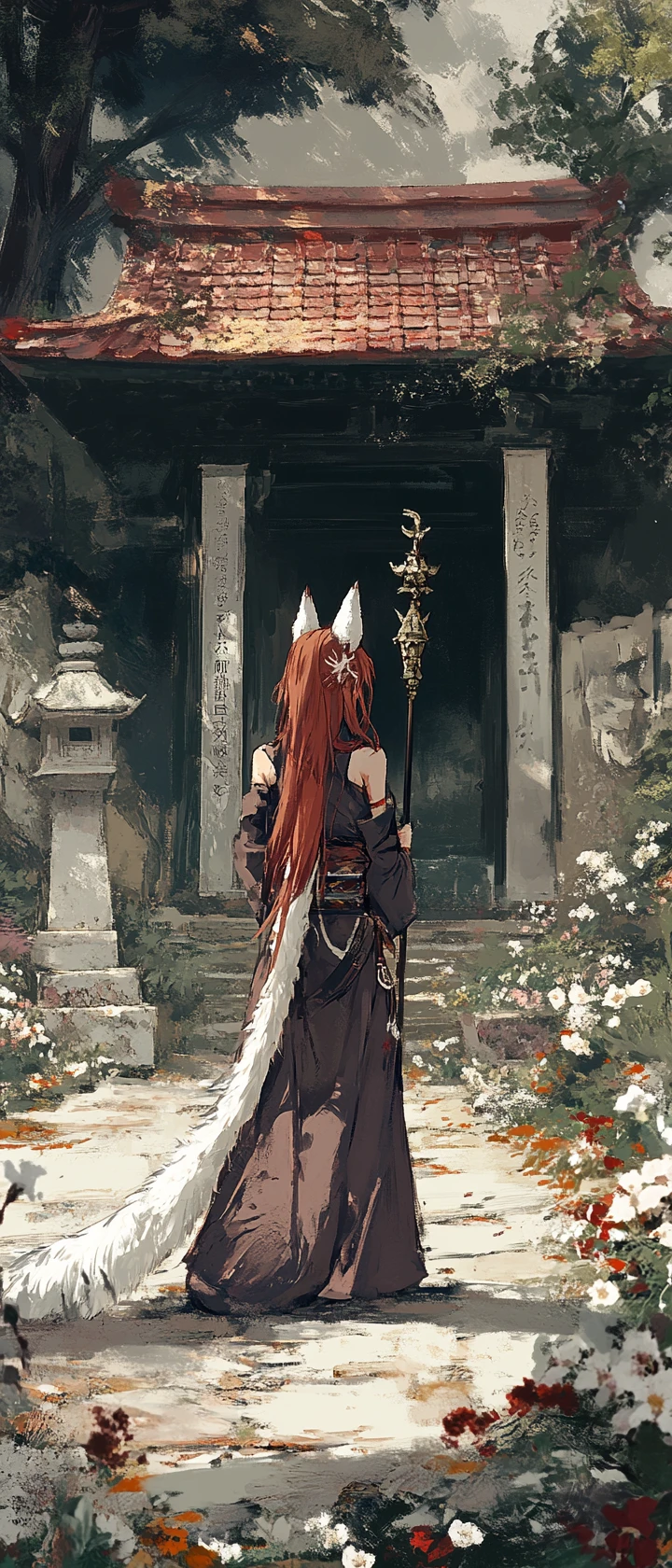Fox eared anime girl dancing in a temple courtyard