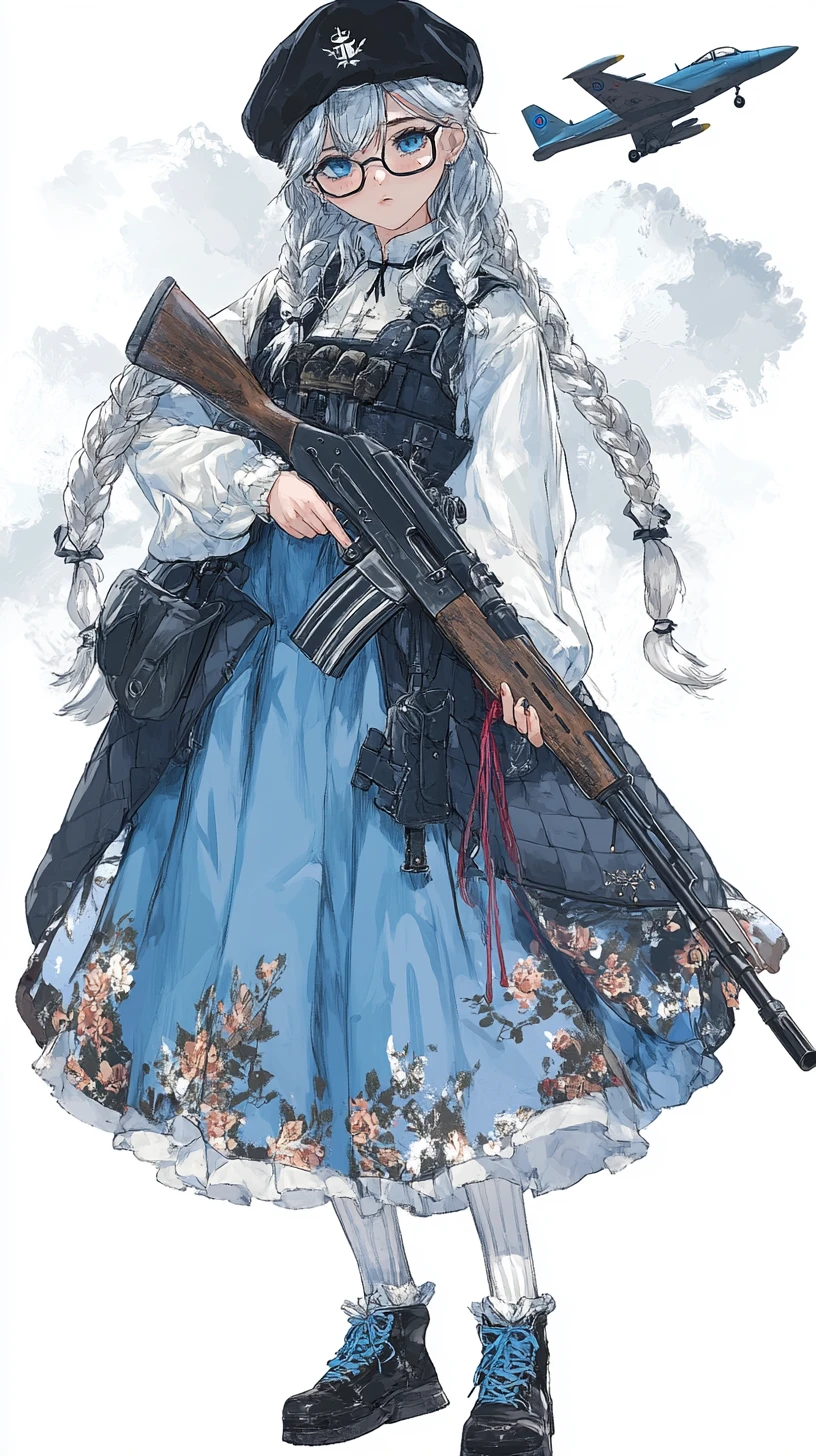 Garota de anime sombria com rifle olhando para o céu