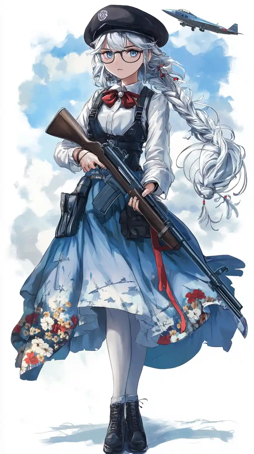 Ragazza anime cupa con fucile sotto un cielo nuvoloso
