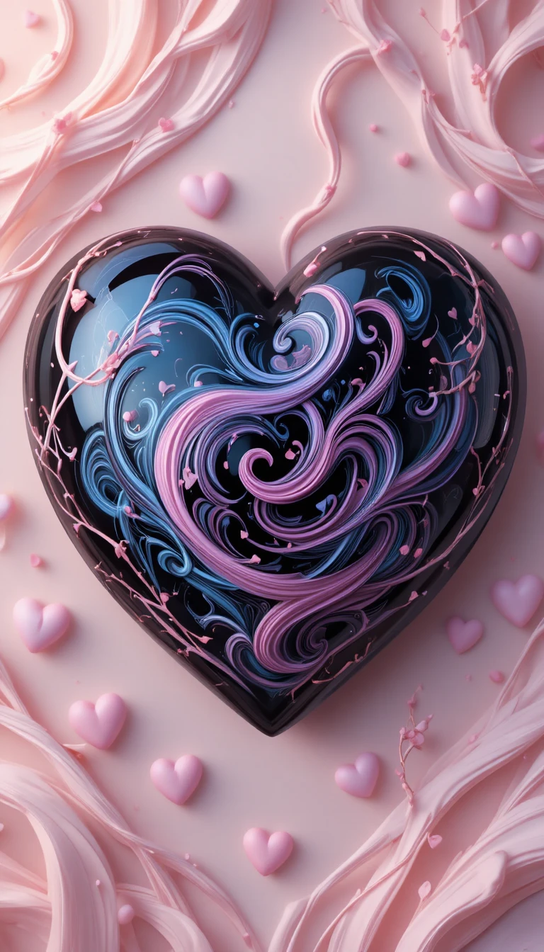 Glänzendes schwarzes Herz mit rosa und blauen Wirbelmustern