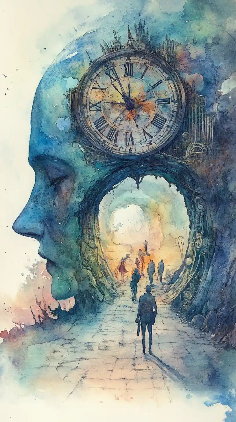 Paesaggio Surreale ad Acquerello con Tunnel a Forma di Testa ed Ingresso con Orologio