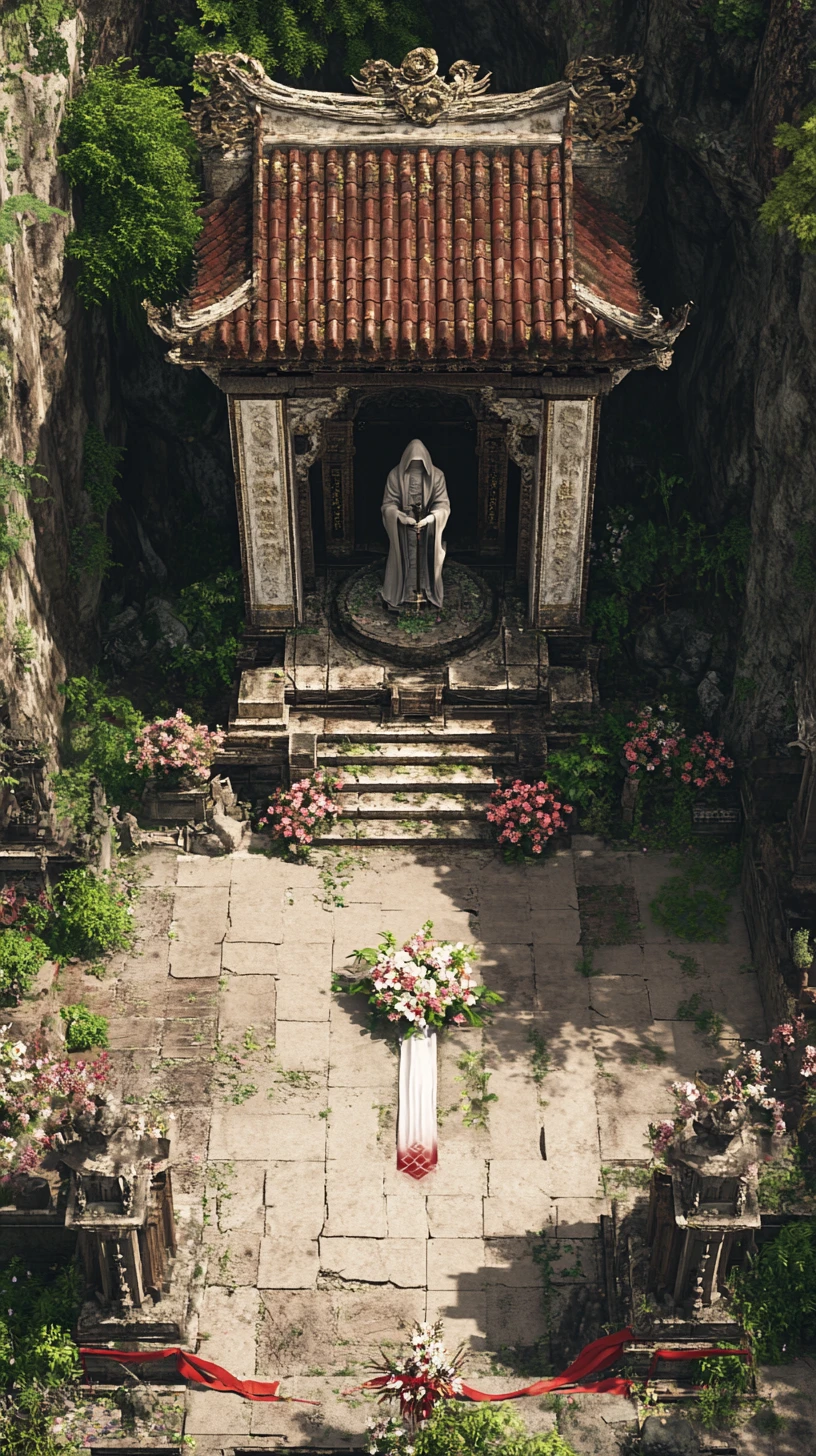 Pátio de templo de anime com estátua de pedra encapuzada no penhasco