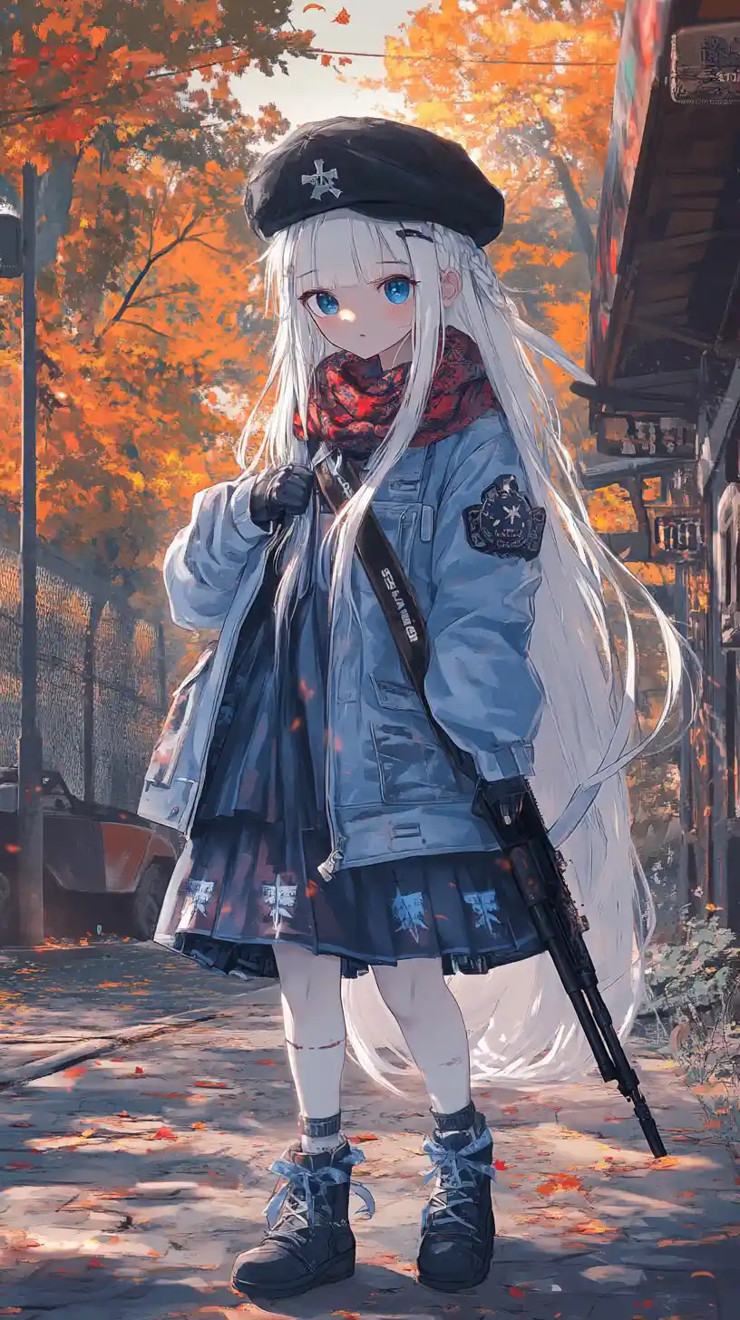 Anime-Mädchen mit Schrotflinte an abgelegener Berghütte