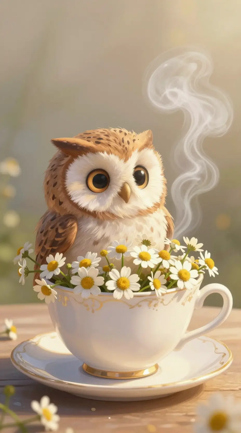 Flauschige Eule, die in einer Kamillenteetasse ruht – Illustration