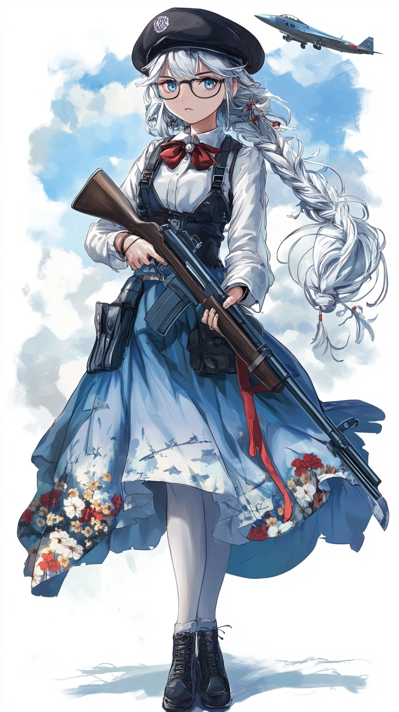 Ragazza anime cupa con fucile sotto un cielo nuvoloso
