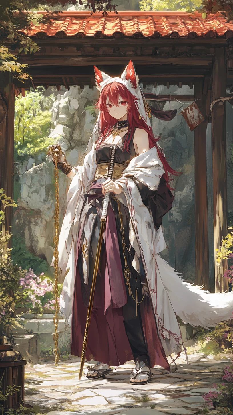 Anime girl dancing in a temple courtyard at dusk