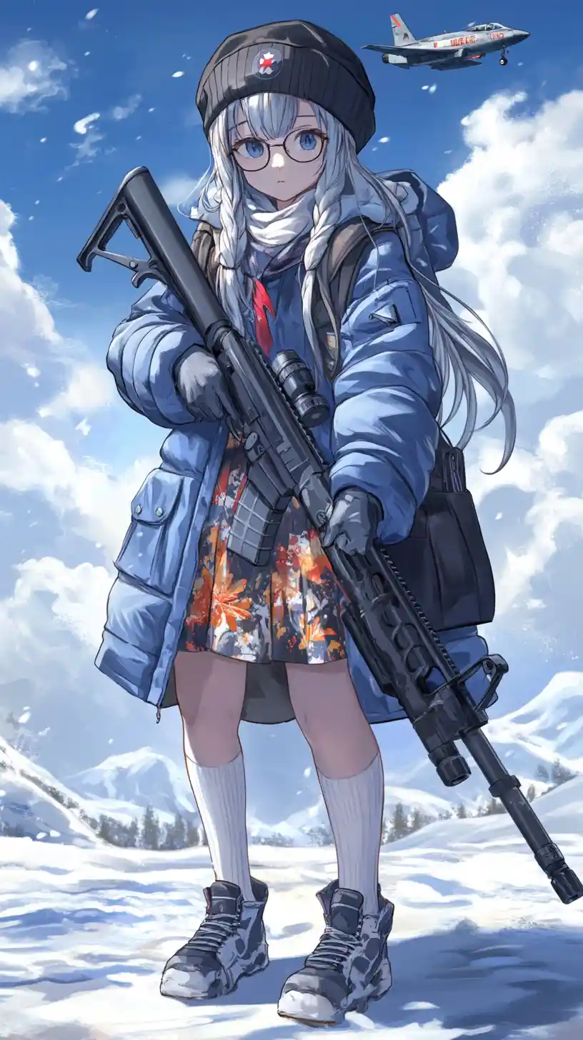 Gloomy anime girl with rifle under a cloudy sky