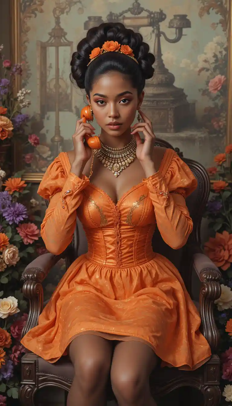 Vintage lady on ornate chair with orange telephone