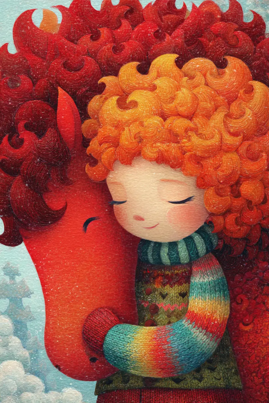Illustration d’une fille serrant dans ses bras un cheval rouge fantastique en hiver