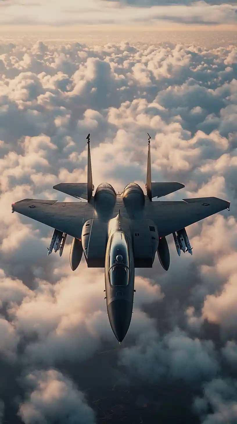Chasseur de combat façon anime traversant des nuages duveteux en plein soleil