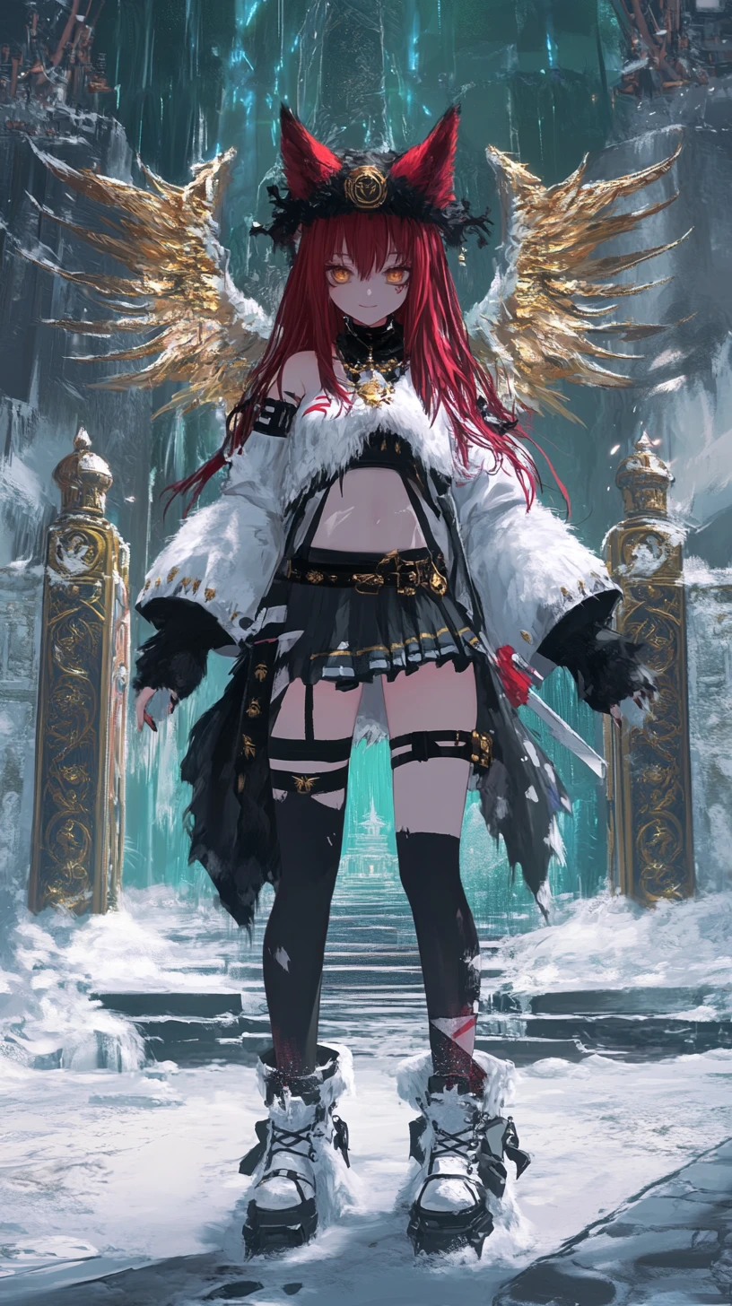Red haired anime girl warrior in a crystal palace