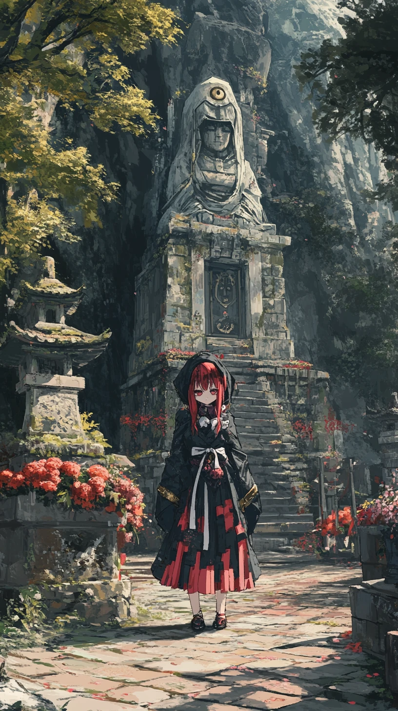 Ancient cliffside temple courtyard with stone statue