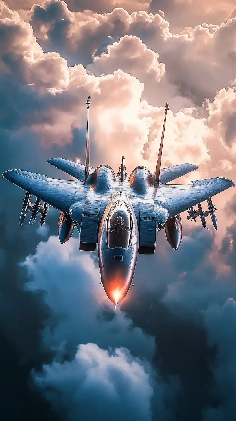 ふわふわした雲空を翔けるアニメ風戦闘機