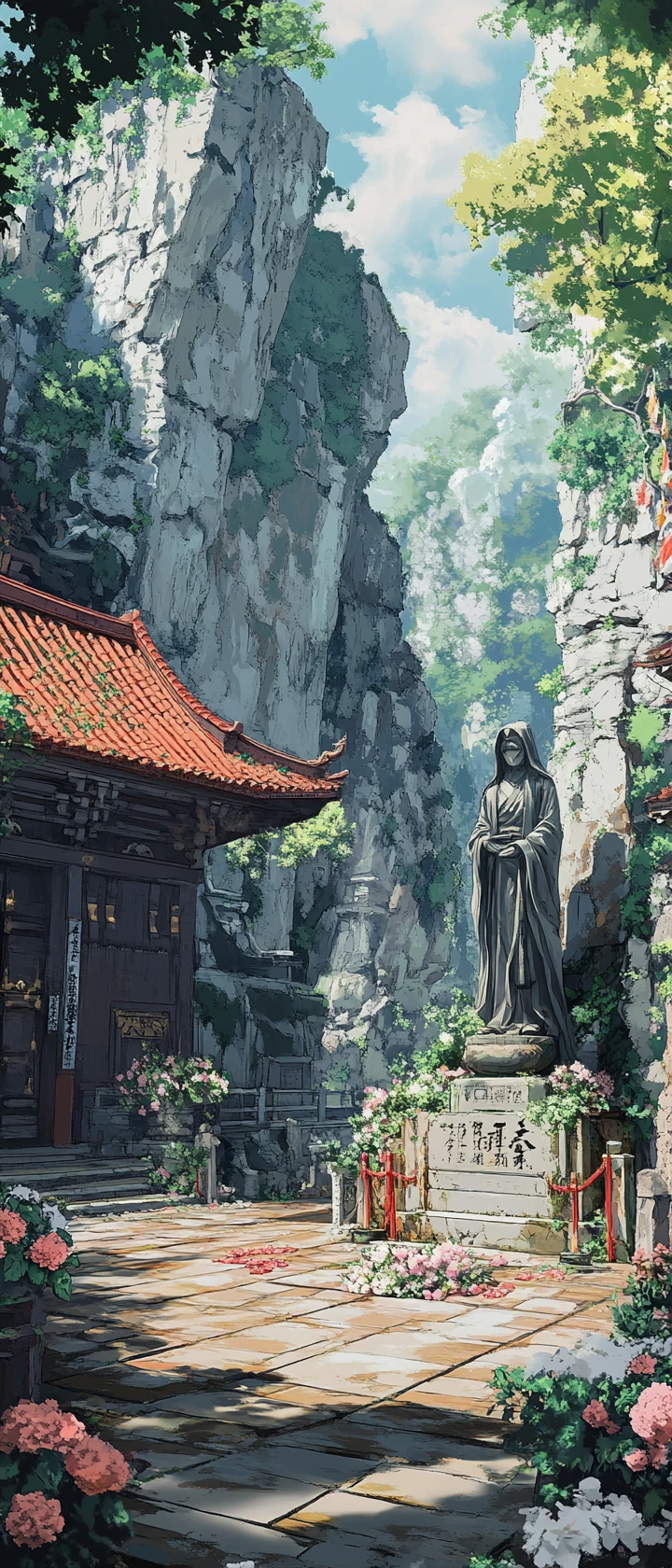 Pátio de templo em anime com estátua encapuzada e luz suave