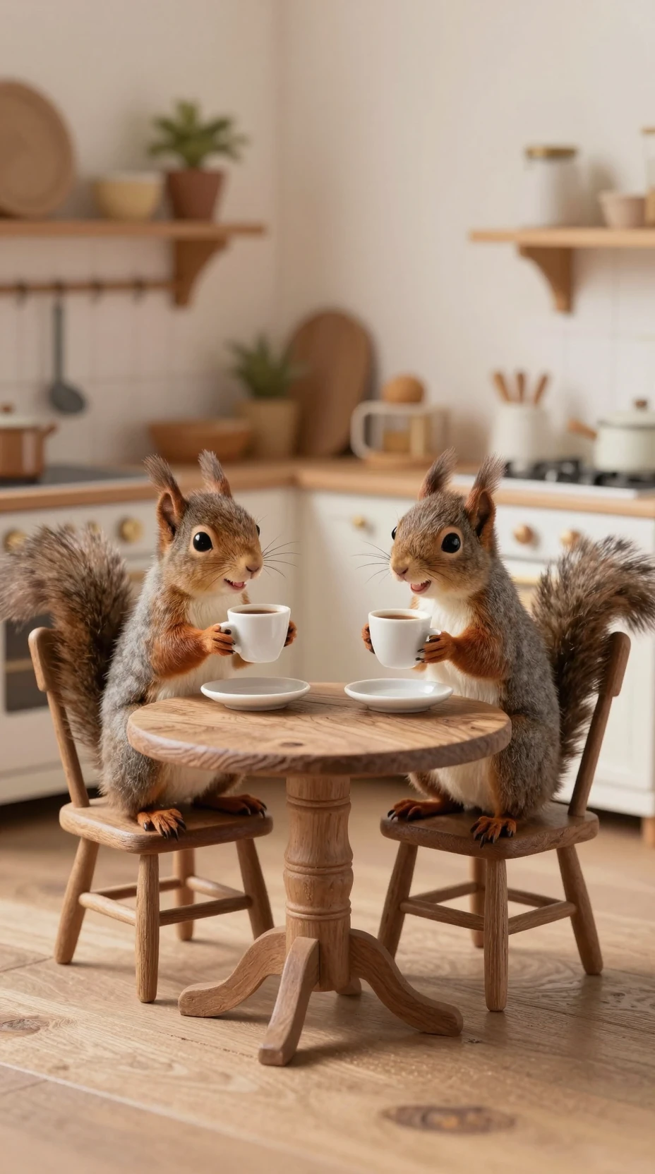 Two Happy Squirrels Drinking Coffee In A Tiny Kitchen