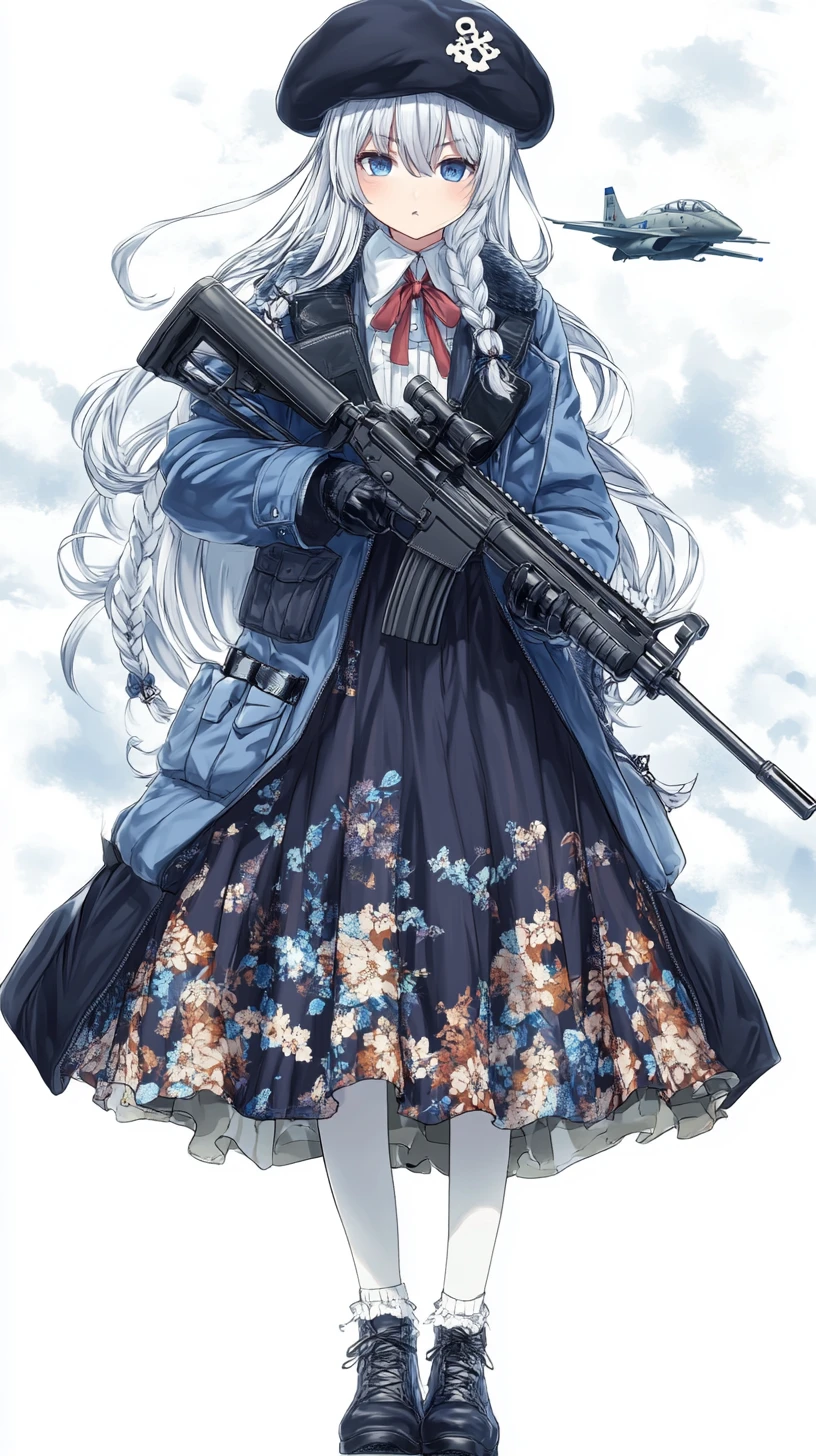 Garota de anime com rifle olhando para o céu nublado