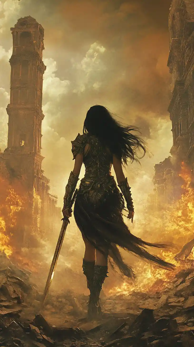 Barbarian warrior woman raising her sword at sunset