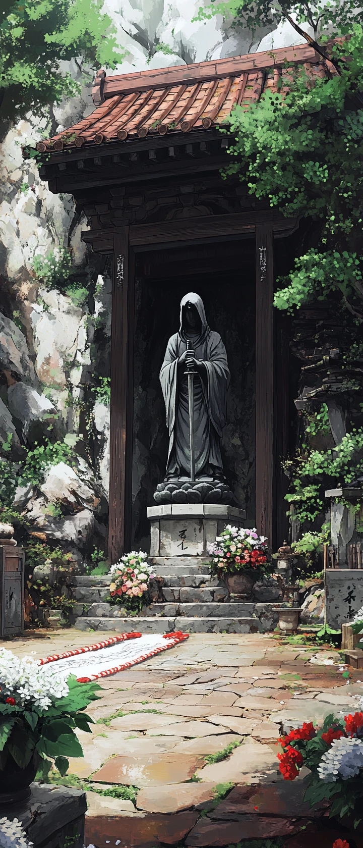 Pátio de templo em anime com estátua encapuzada e luz suave