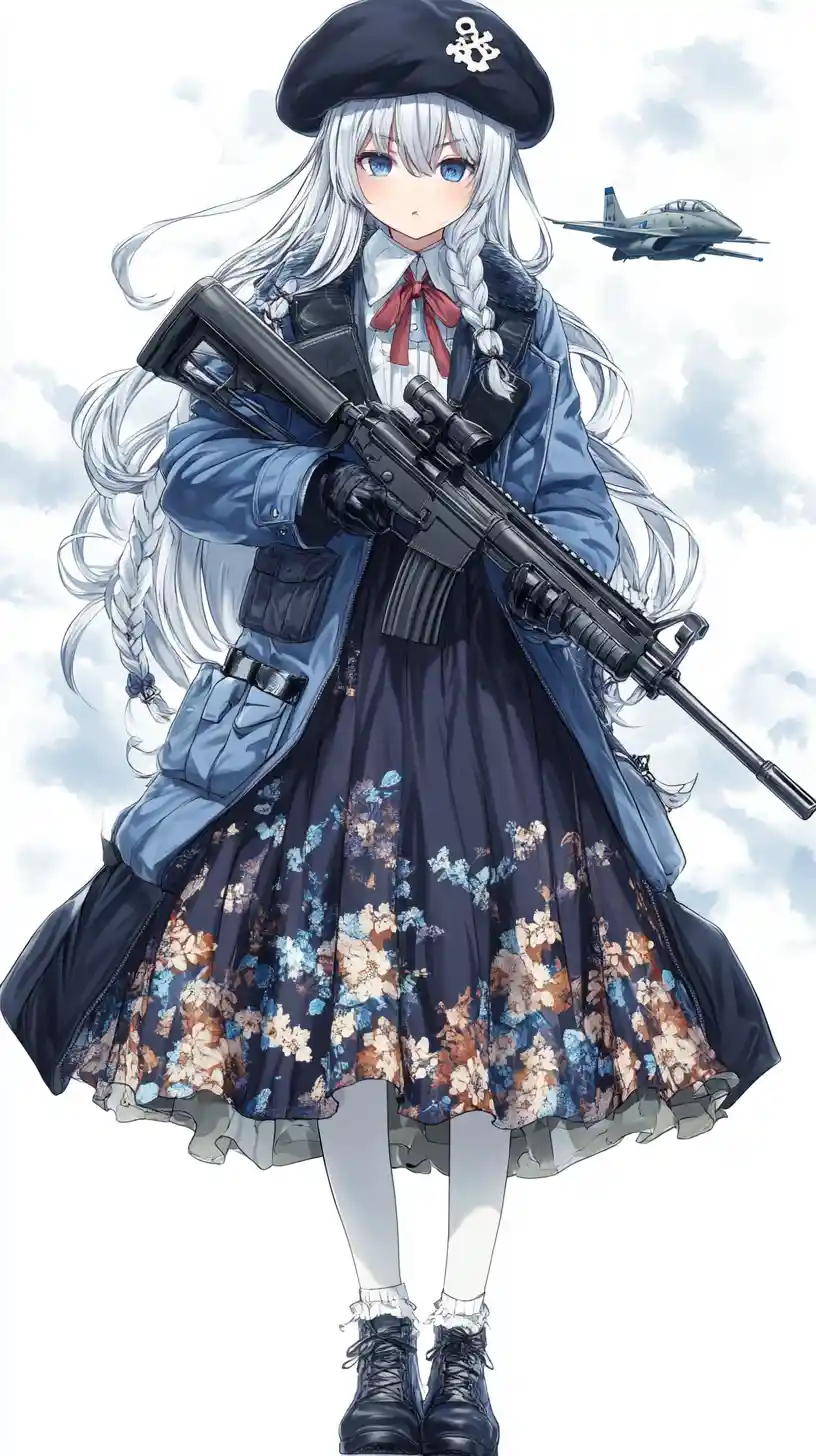 Anime girl with rifle gazing up at cloudy sky