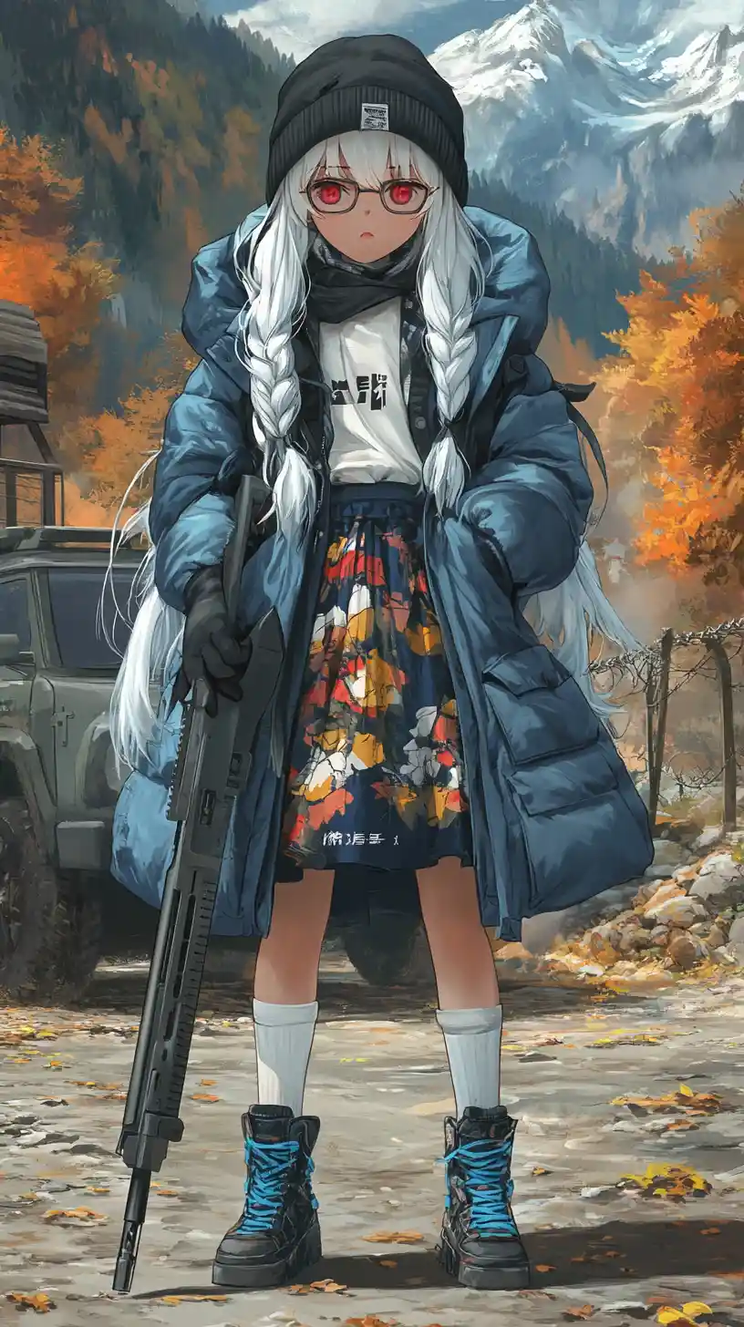 Düsteres Anime-Mädchen mit Schrotflinte an einer Berghütte