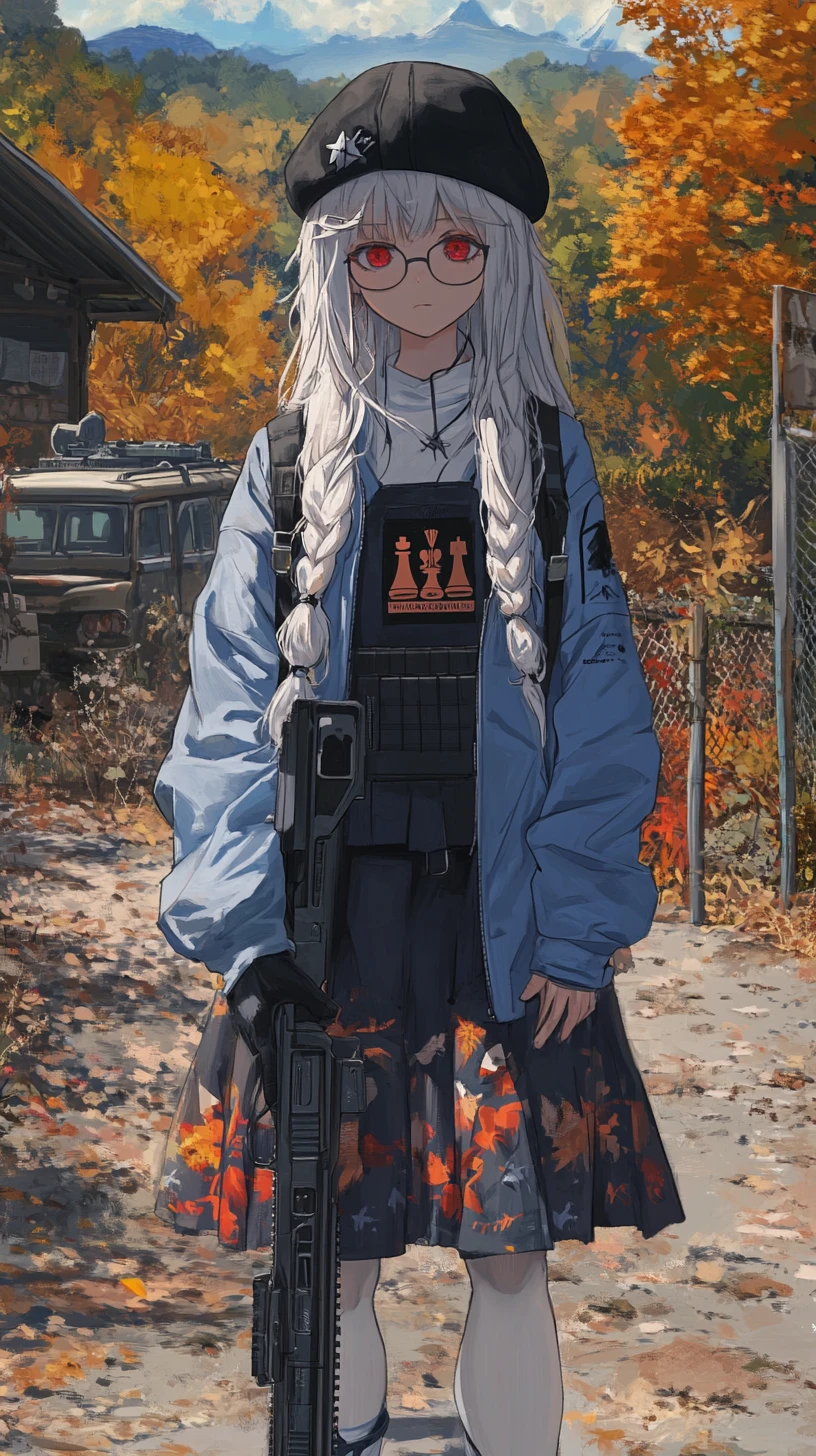 Anime girl with shotgun by a remote mountain hut