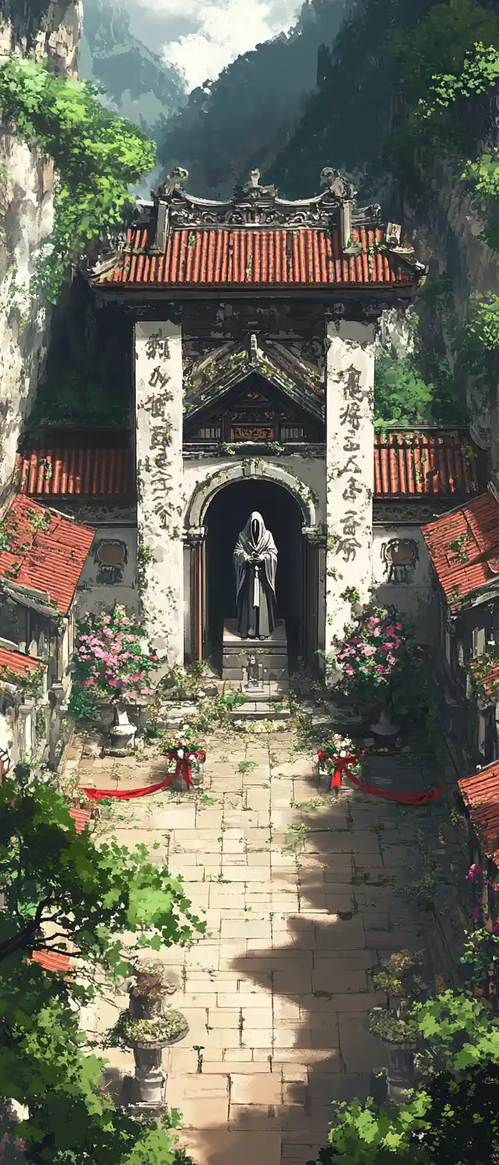 Pátio de Templo Antigo na Falésia com Estátua de Pedra Encapuzada