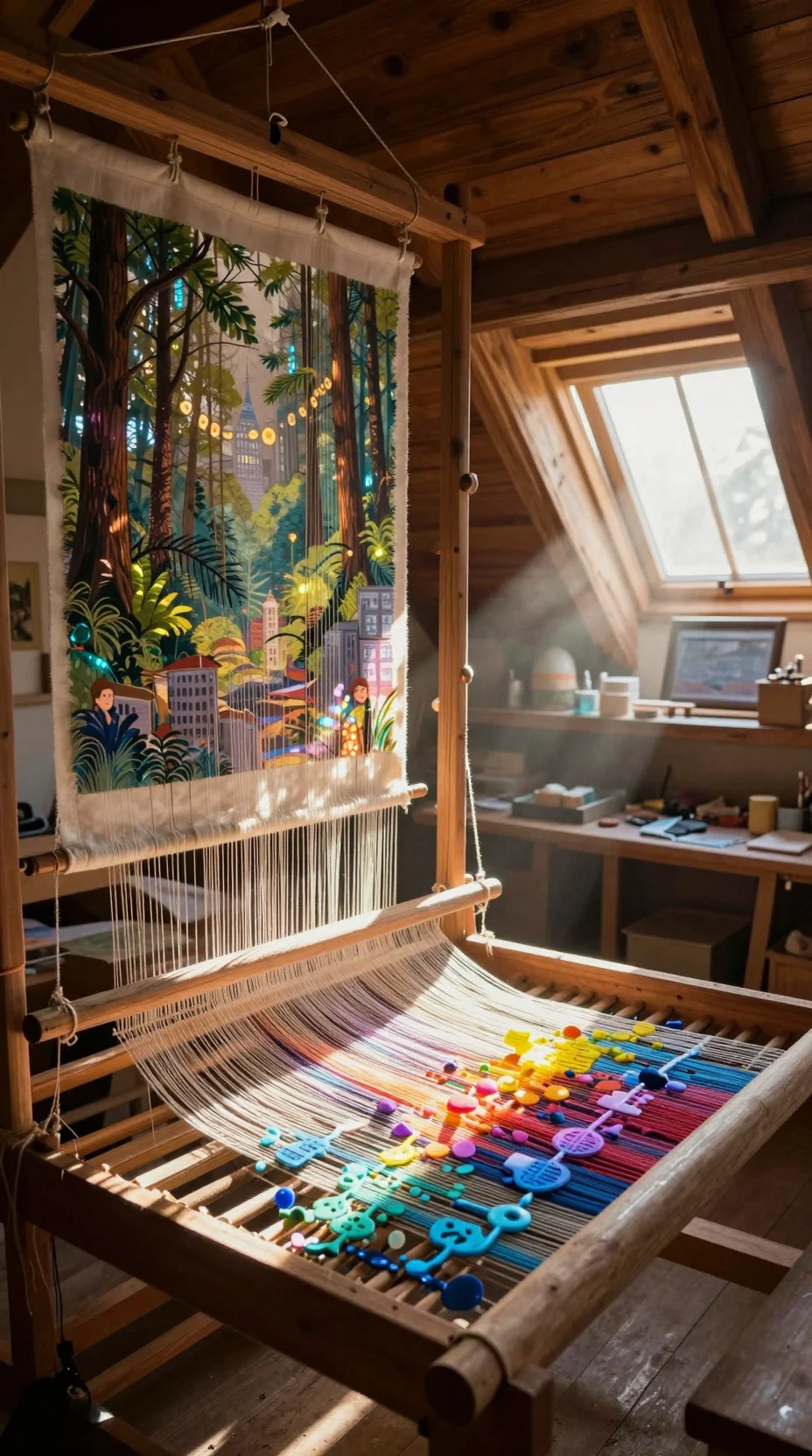 Atelier sous les combles baigné de soleil avec un métier à tisser des souvenirs lumineux