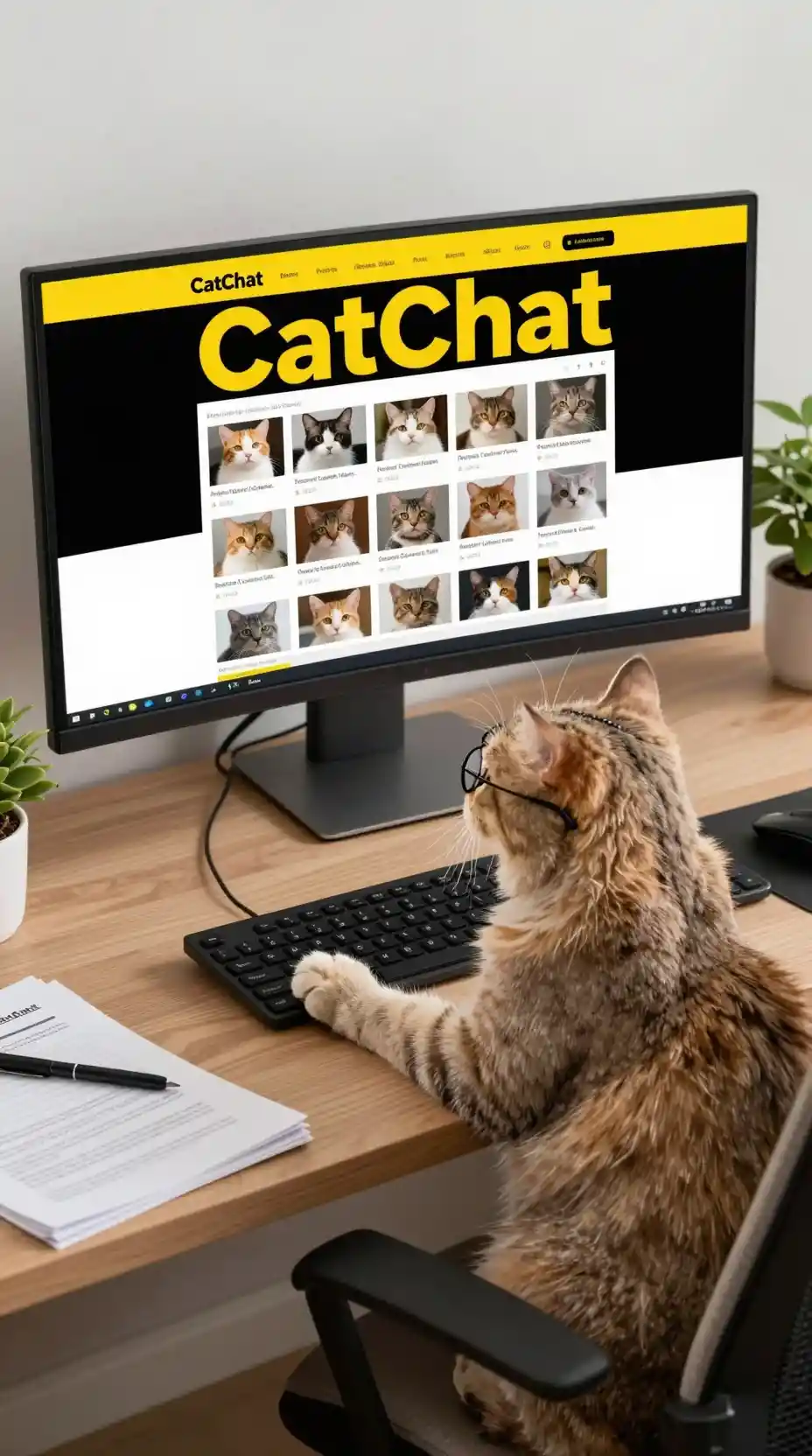 Flauschige Bürokatze am Computer mit Curved-Monitor