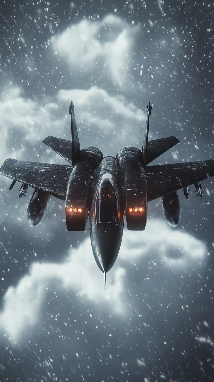 ふわふわした明るい雲の中を駆け抜けるアニメ風戦闘機