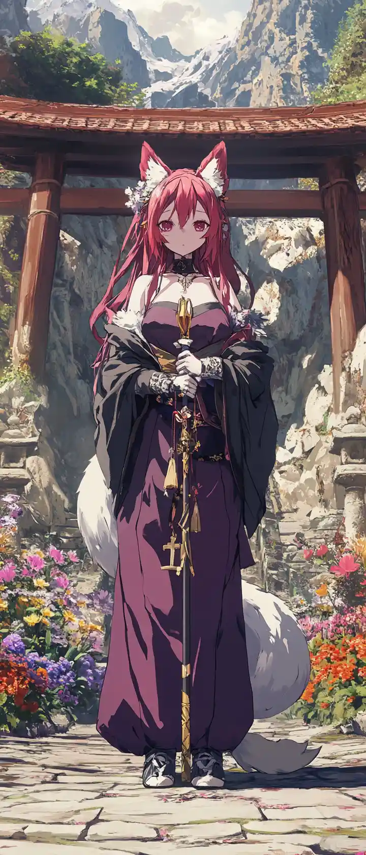 Fox eared anime girl dancing in a temple courtyard