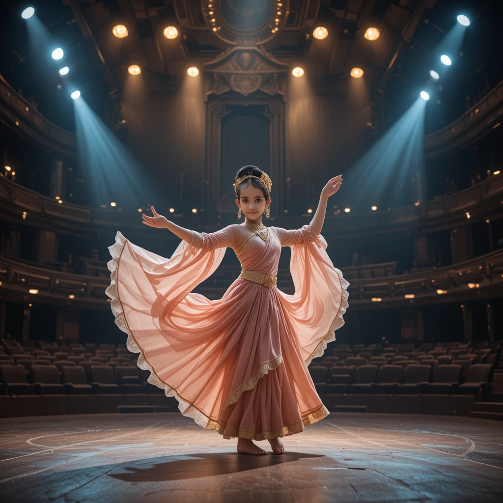 Young girl dancing gracefully on a grand theater stage