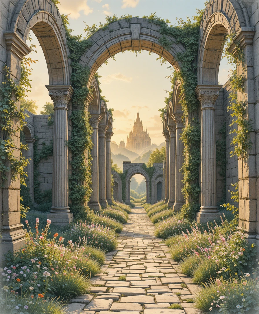 Arches de pierre antiques et ruines baignées de la chaude lumière du coucher de soleil