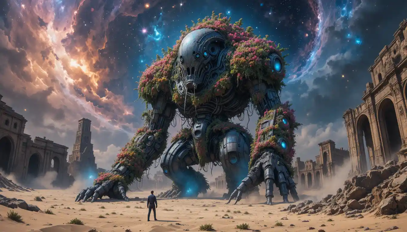 Ancient giant automaton in glowing desert ruins at night