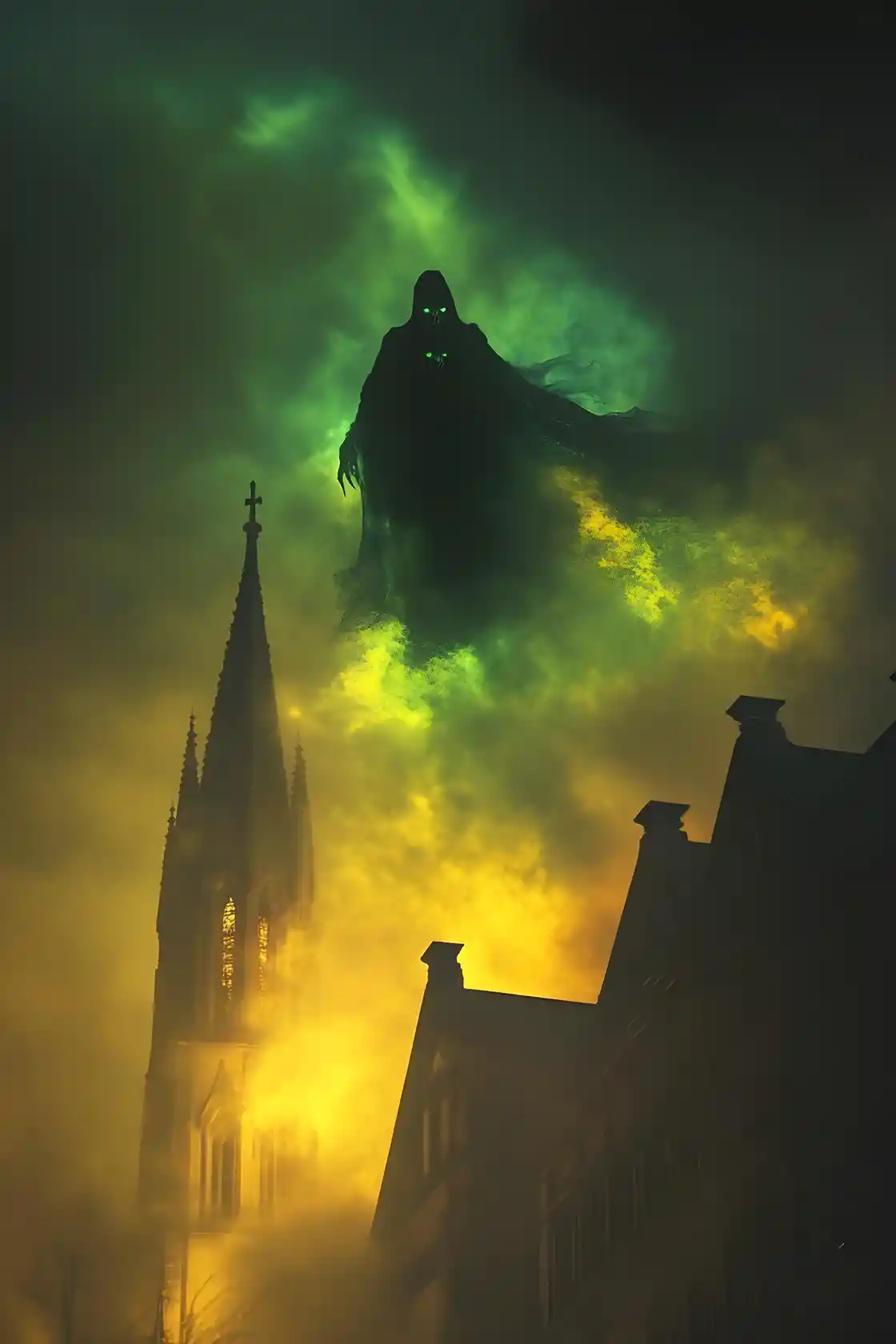 Sombre silhouette fantomatique volant devant une église de nuit