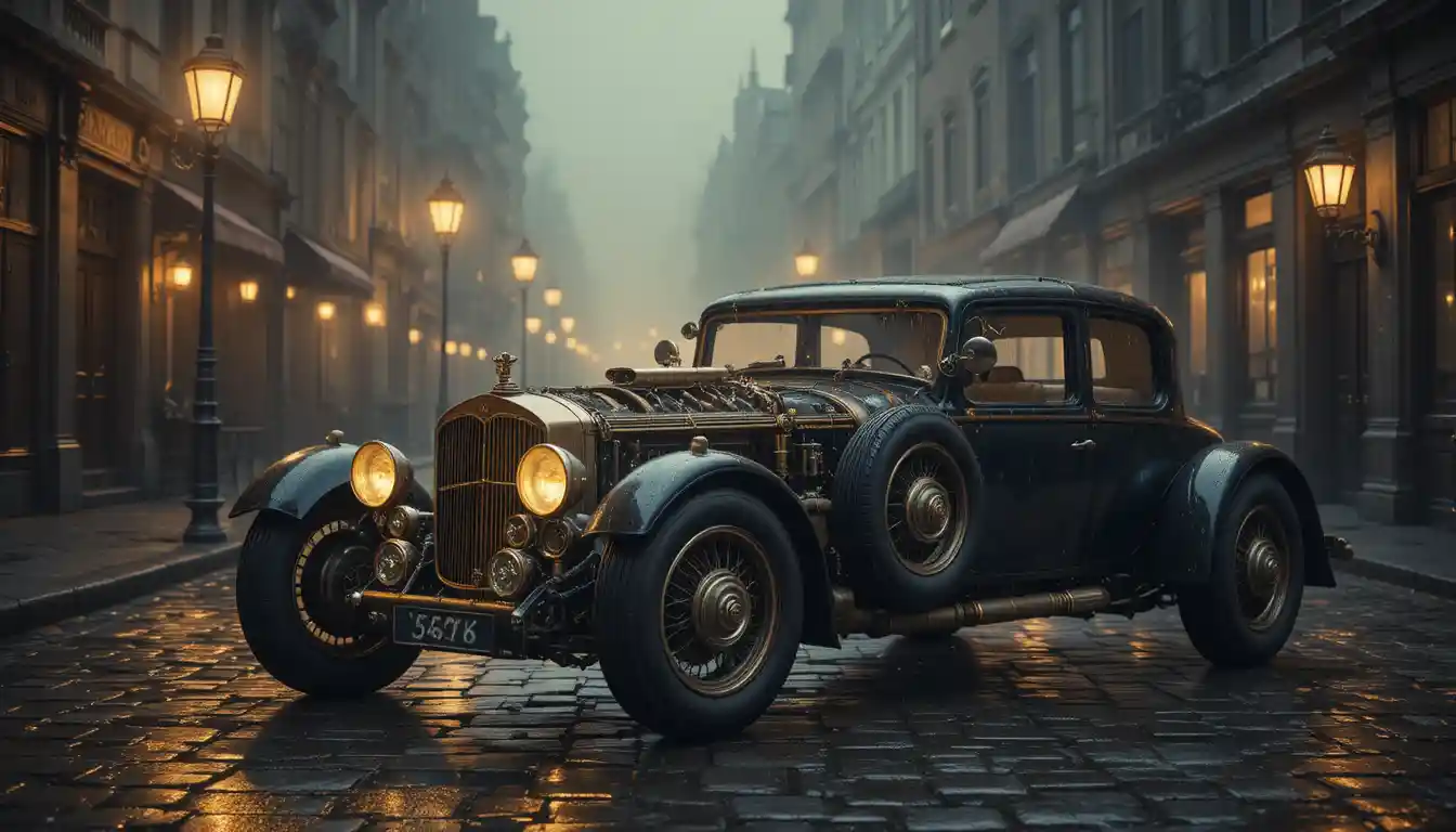Steampunk-Auto auf nebliger Kopfsteinpflasterstraße bei Nacht