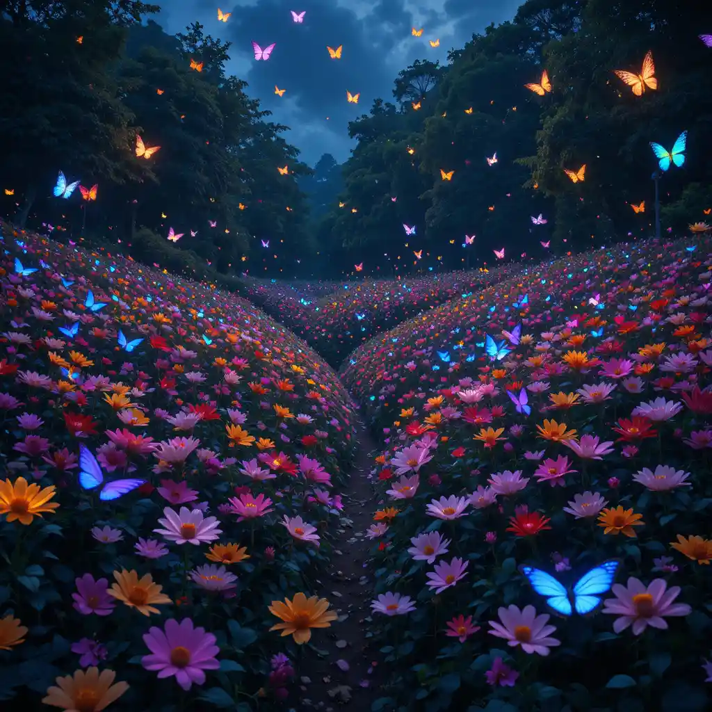Endless flower garden with glowing neon butterflies at night