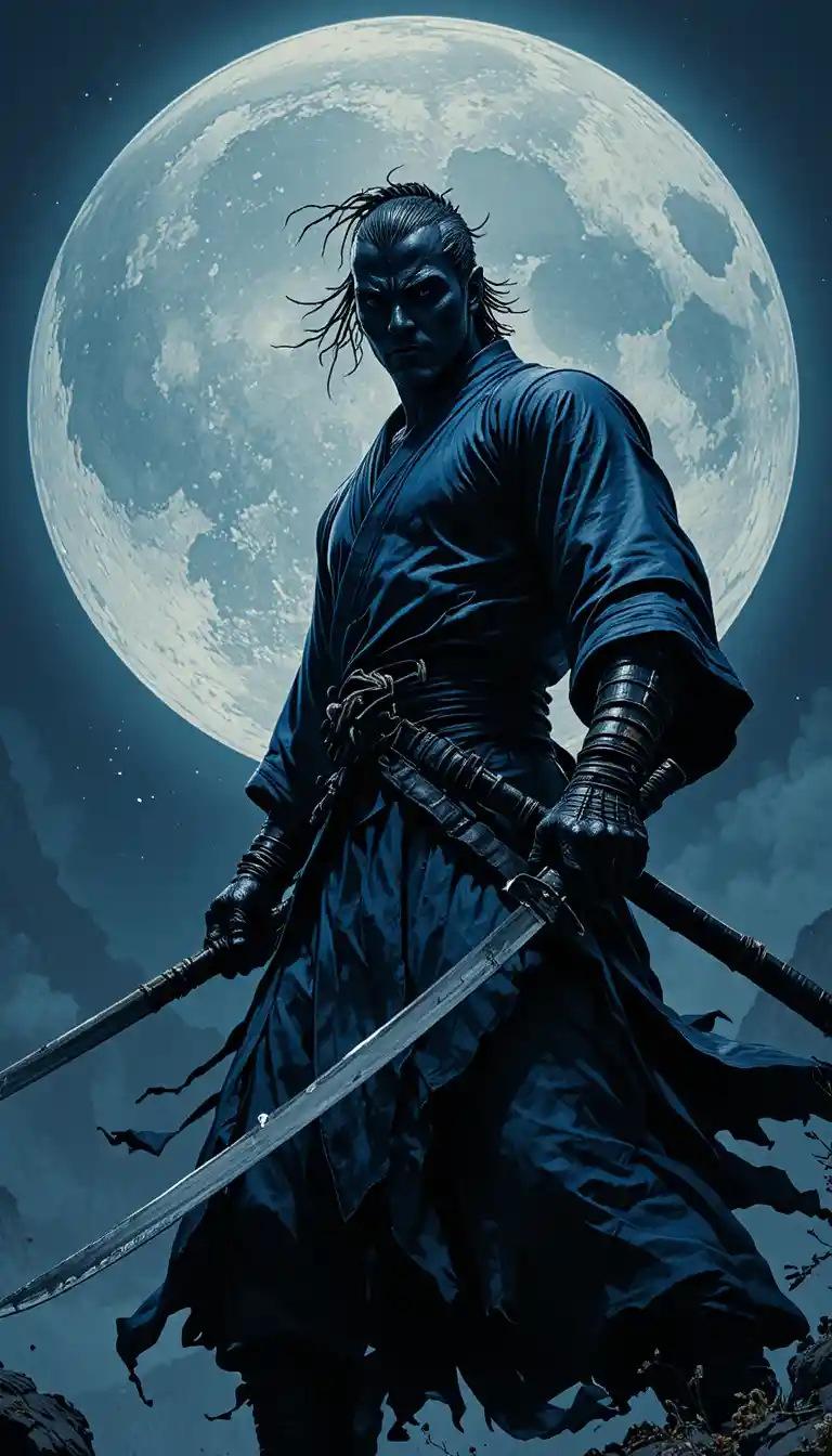 Samurai negro estoico sob uma lua cheia luminosa