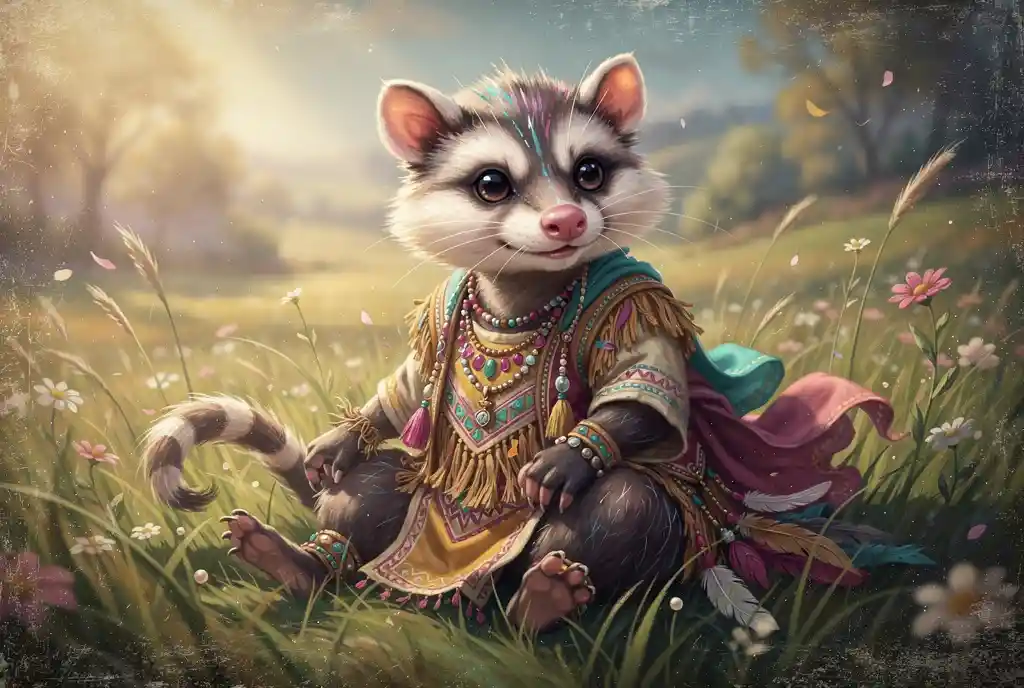 Cute 3D opossum in bohemian clothes in wildflower meadow