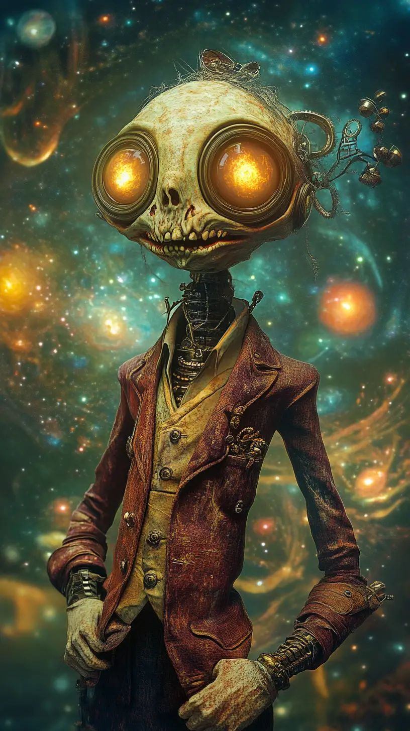 Umanoide steampunk grottesco in un vortice cosmico turbinante