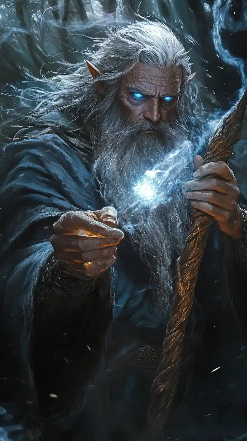 Dark fantasy wizard channeling magic in a shadowy forest