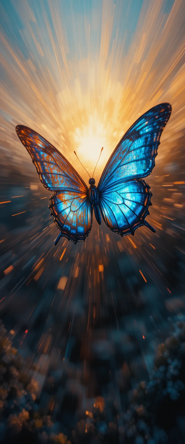 Schmetterling in Braun- und Blautönen am Himmel bei Sonnenuntergang
