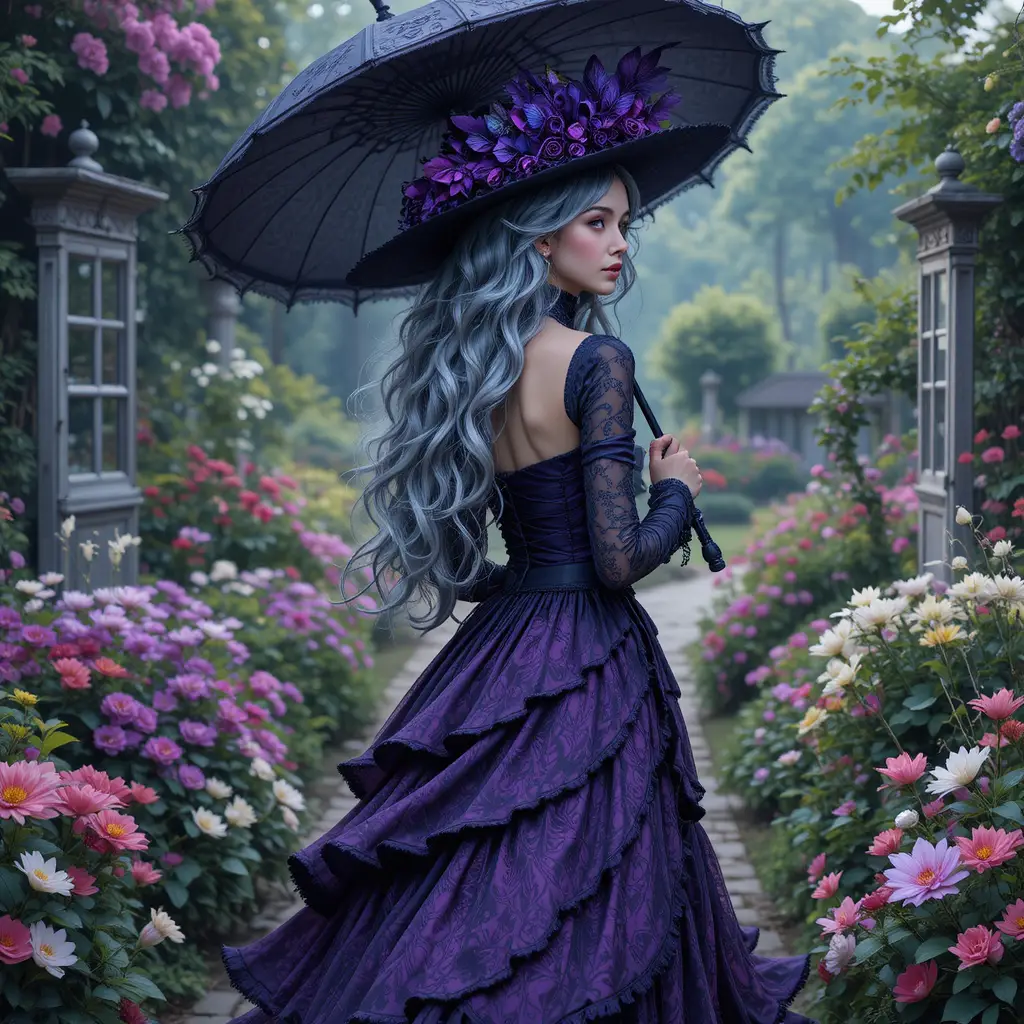 Elegant gothic woman walking with umbrella in garden