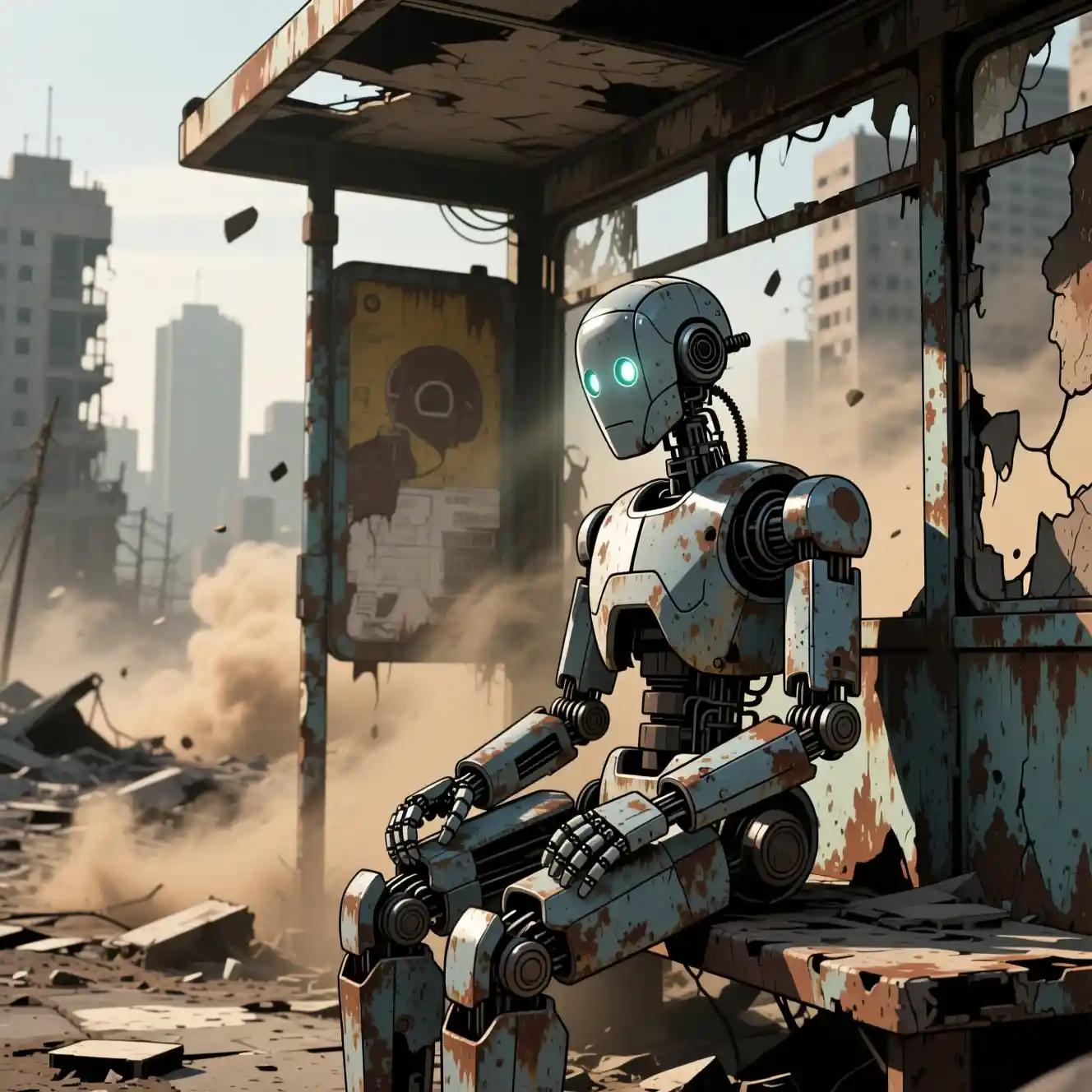 Lonely robot at a crumbling bus stop in ruined city