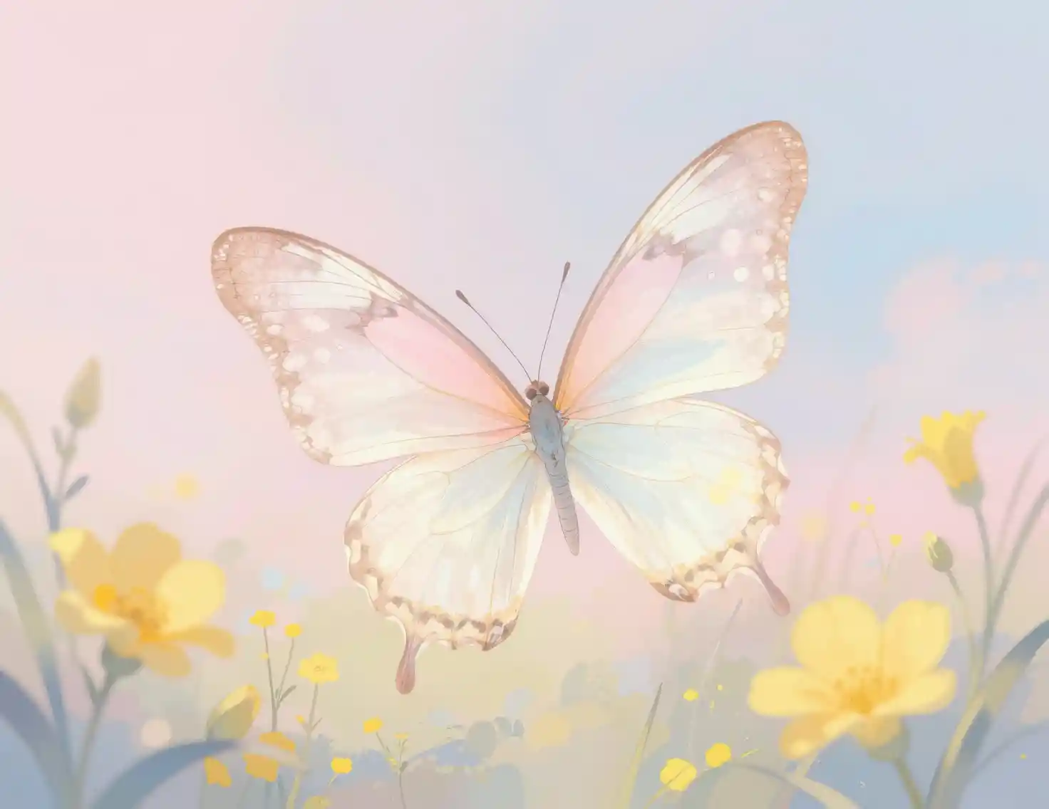 Minimalist glowing butterfly in a soft pastel sky