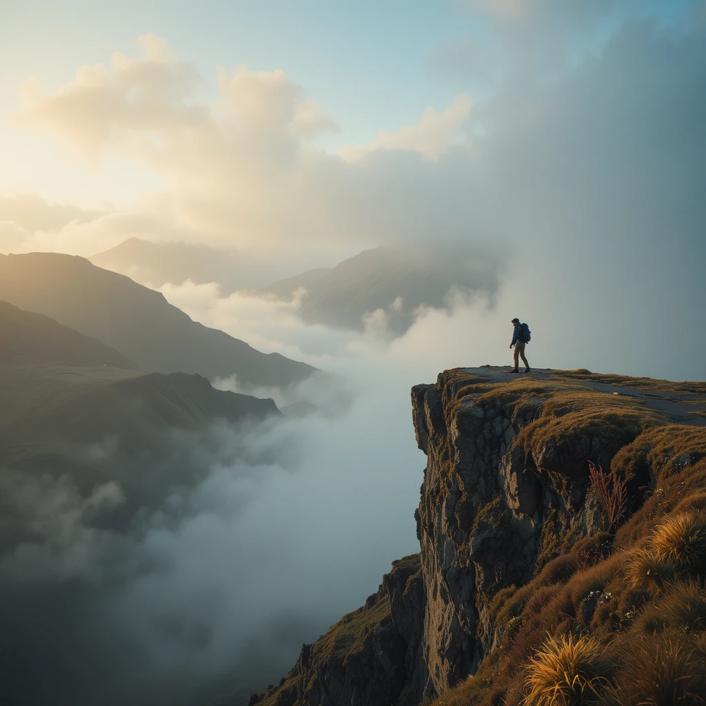 Escursionista solitario su una scogliera al tramonto nebbioso nelle Highlands