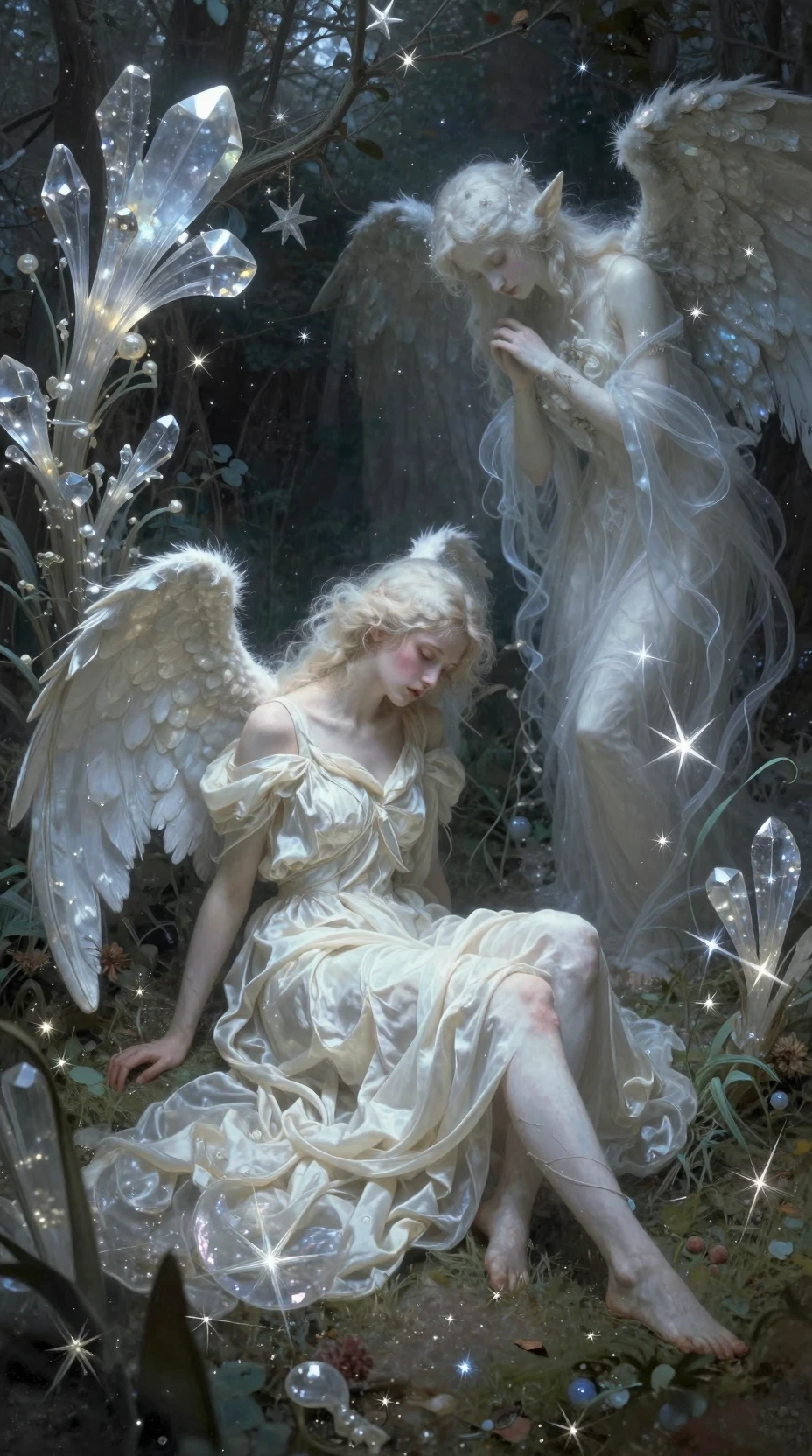 Anjo caído e triste de seda e luz em um jardim iluminado por estrelas