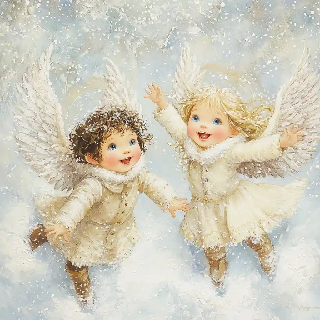 Dos angelitos felices jugando en un cielo invernal