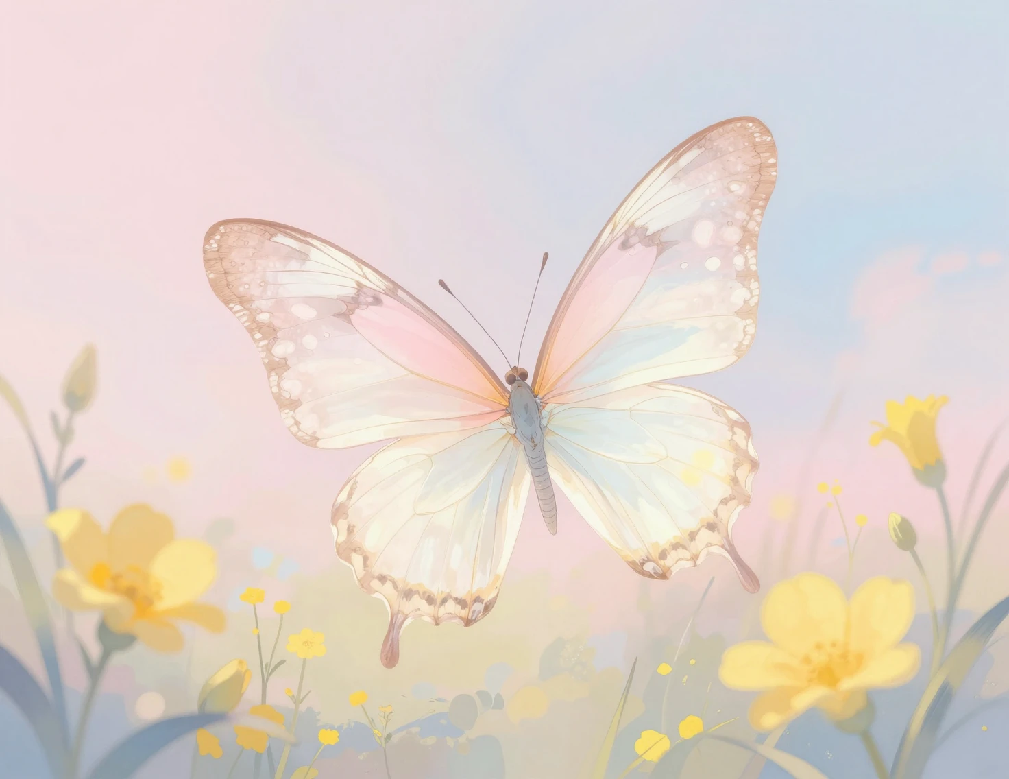 Borboleta minimalista brilhante em um céu pastel suave